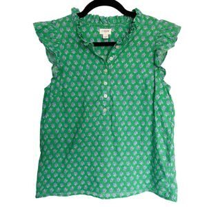 J.Crew, Size XXS, Emerald Floral Blouse, Flutter Sleeve, Relaxed, Office, Cotton